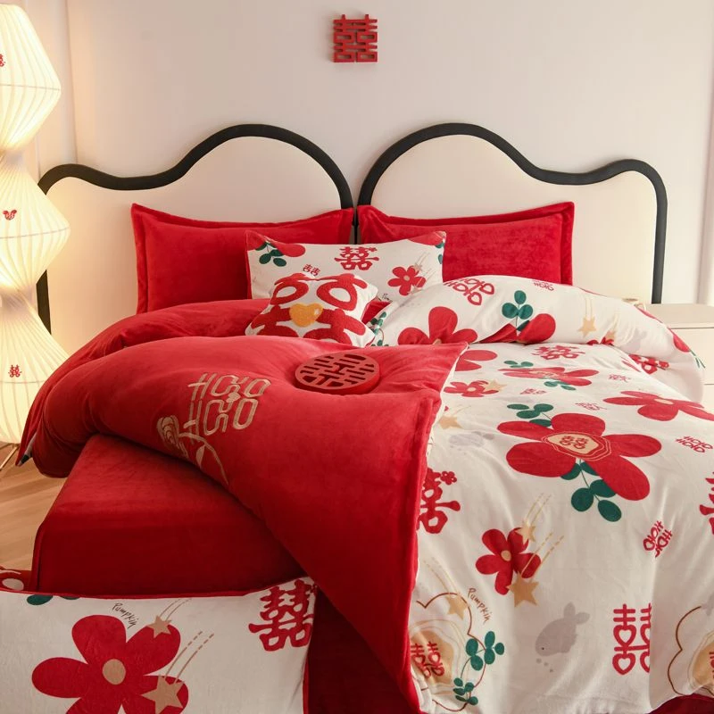 冬季保暖床上用品新婚高克重加厚牛奶绒喜庆结婚四件套婚庆大红色