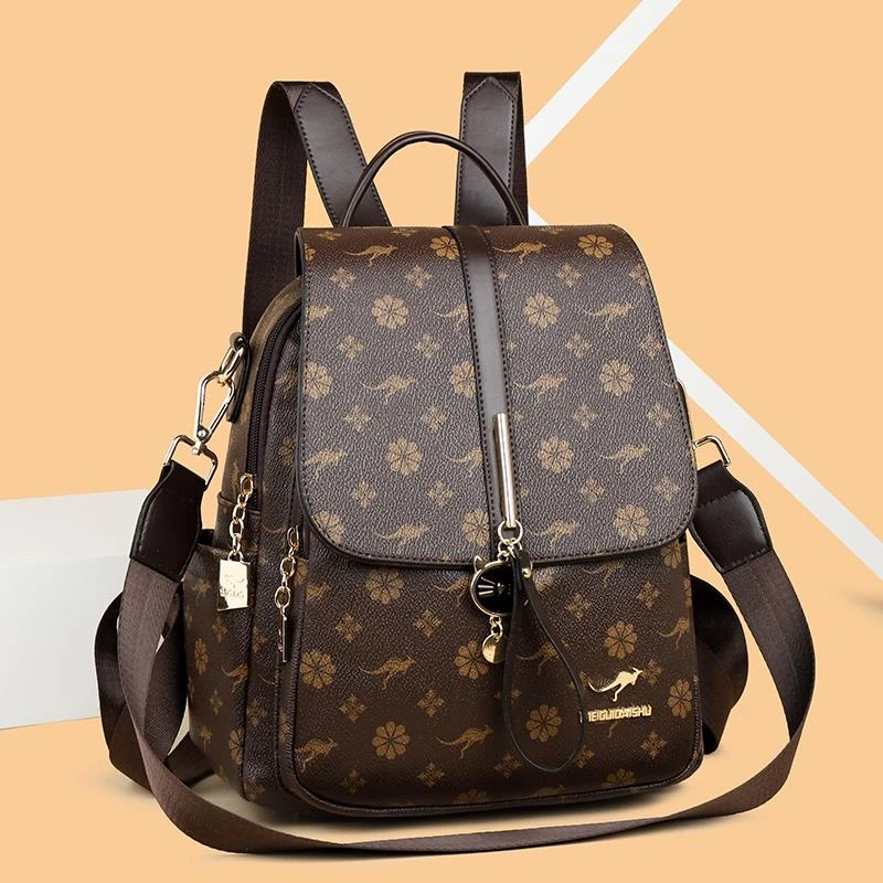 米琦袋鼠软皮女包双肩包女士大容量2025新款女士时尚休闲旅行背包