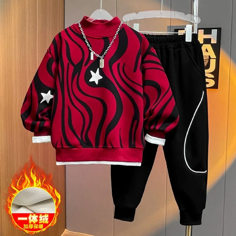 男童秋冬加绒加厚拼色卫衣套装新款儿童洋气保暖五星卡绳套装