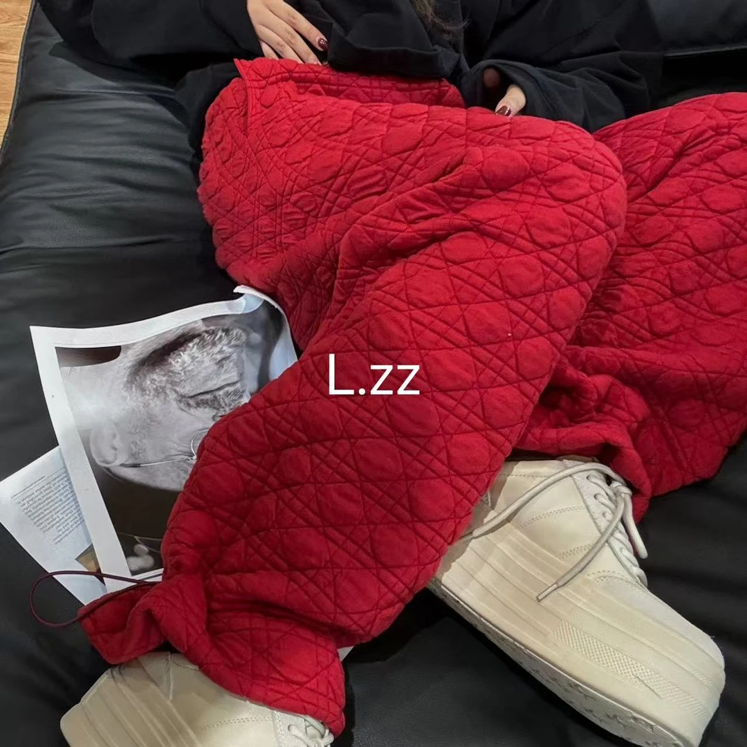 『LZZ』QIANQIAN 时尚保暖加厚宽松方棱格加棉休闲花苞直筒两穿裤子