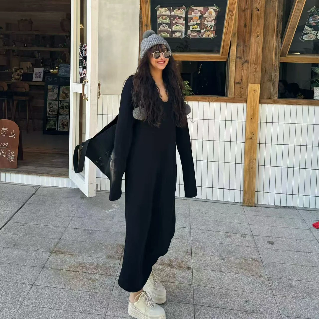 『LZZ』2024新款高定走秀款极简风时尚百搭设计款深u领显瘦长裙