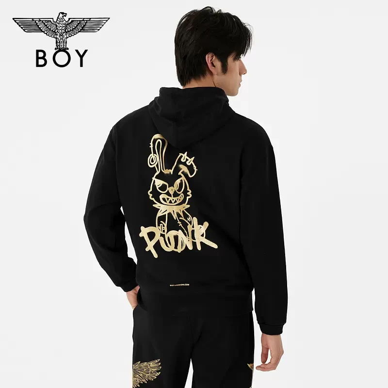 BOYLONDON卫衣本命年兔子男春夏新款烫金印花连帽套头上衣 N04006