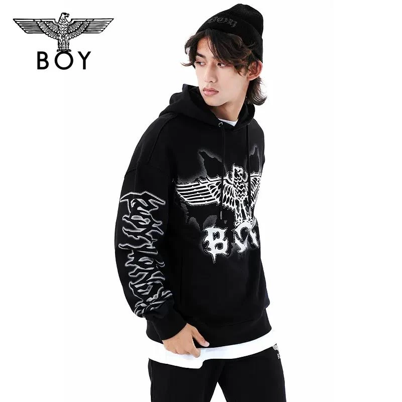 BOYLONDON潮牌针织衫男女同款秋冬季新品烫钻连帽套头卫衣 N04012