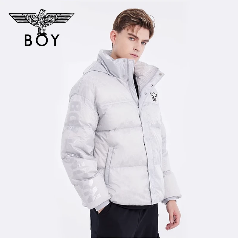 BOYLONDON潮牌羽绒服秋冬新款银色字母印花休闲连帽外套 N28009