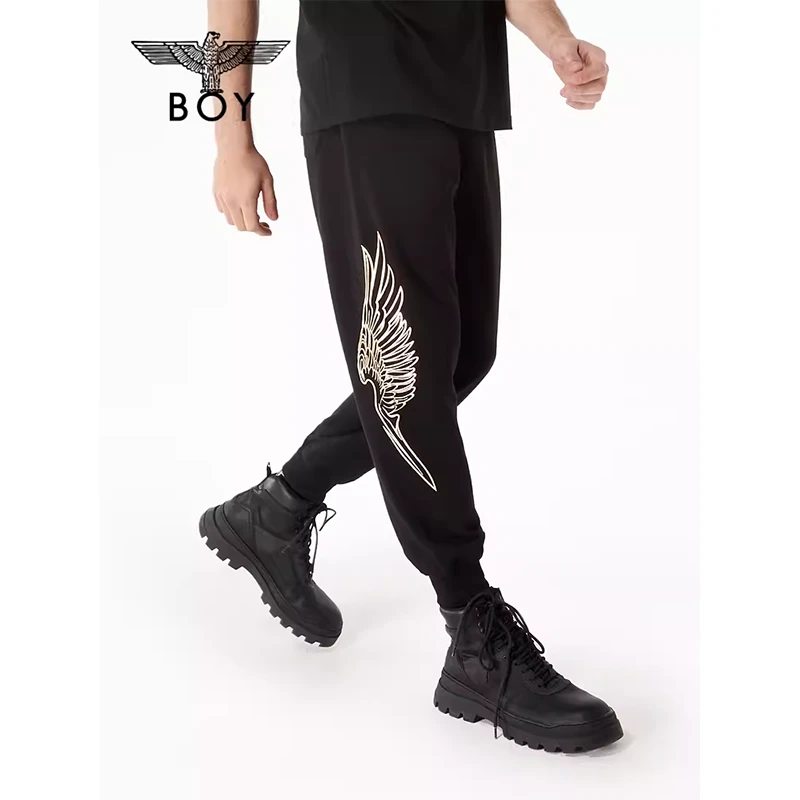 BOYLONDON潮牌长裤男女春夏新品哥特字母烫金鹰翼束脚卫裤 N15012