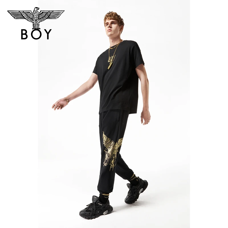 BOYLONDON休闲裤男女同款春夏新品黑金老鹰印花束口长裤 N15000