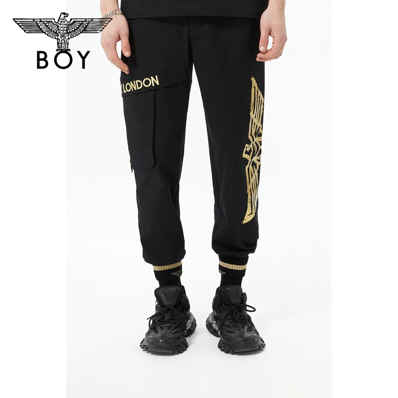BOYLONDON裤装男女春夏新品仿烫金LOGO黑色休闲百搭长裤 N34006