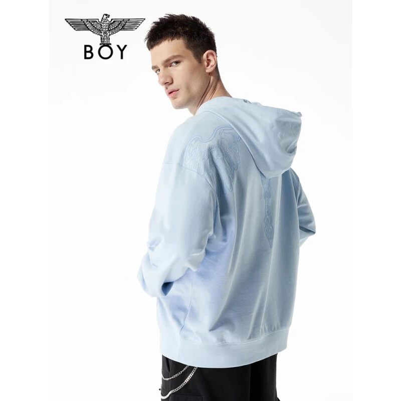 BOYLONDON高端卫衣情侣款春夏LOGO烫钻蓝色宽松连帽套头衫 N04017