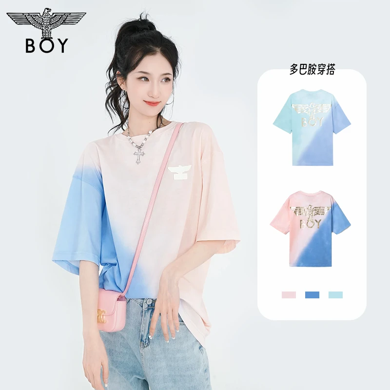 【盛夏缤纷】BOYLONDON潮牌夏新款不规则撞色珠光感印花T恤N01903