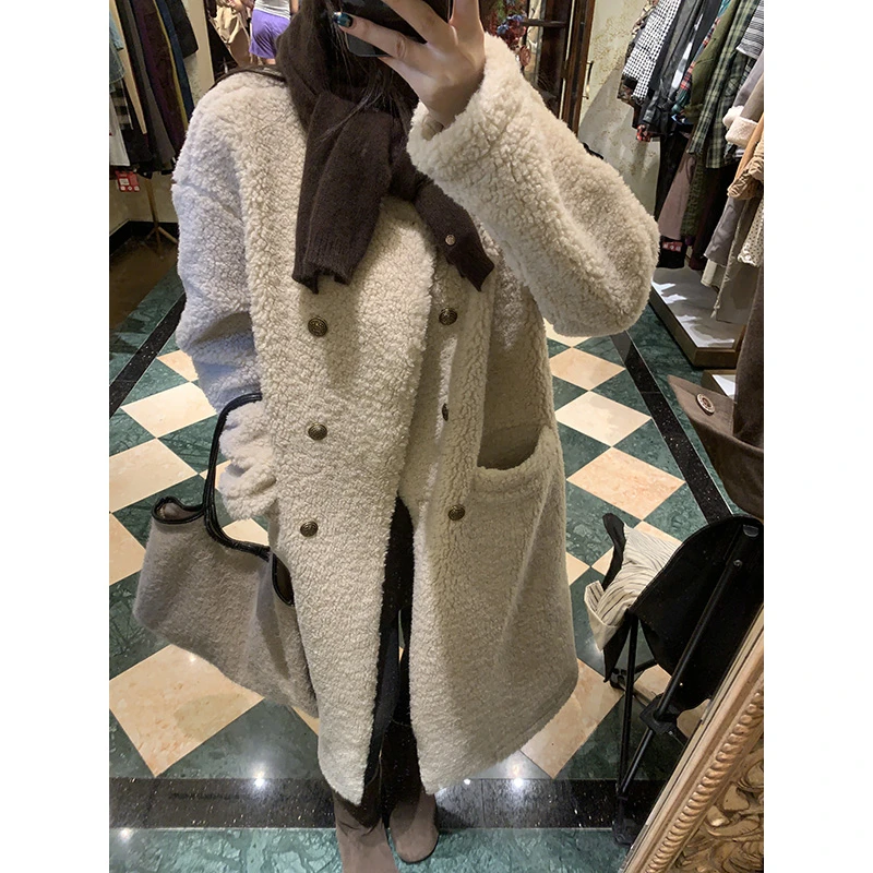 王少女的店 【现】杏色宽松长款毛绒外套秋冬季保暖上衣 W27279S44