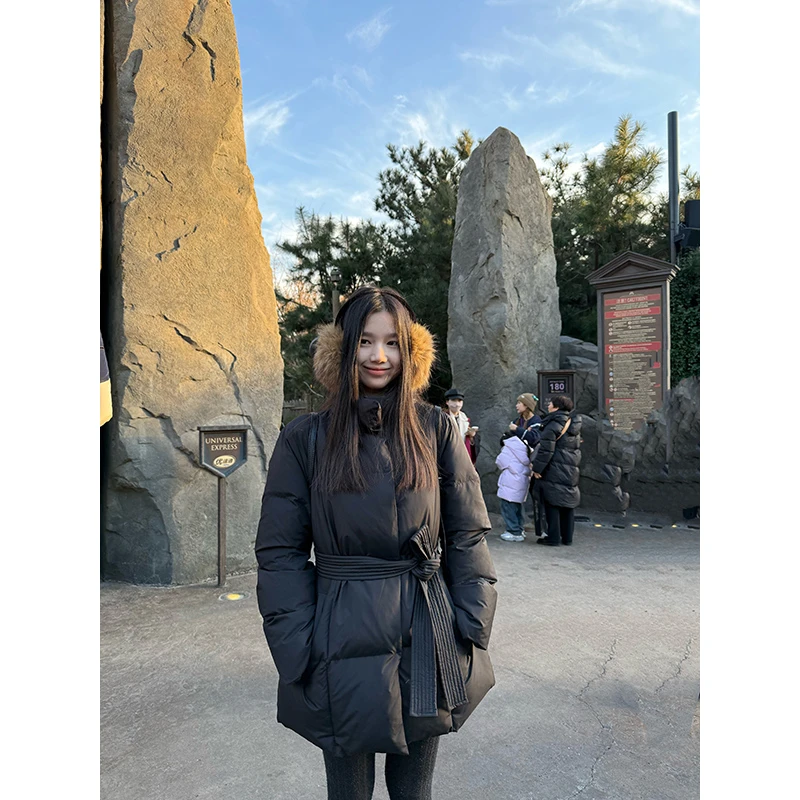 王少女的店【现现】黑色中长款绑带外套冬季加厚百搭棉服 Y28731S44