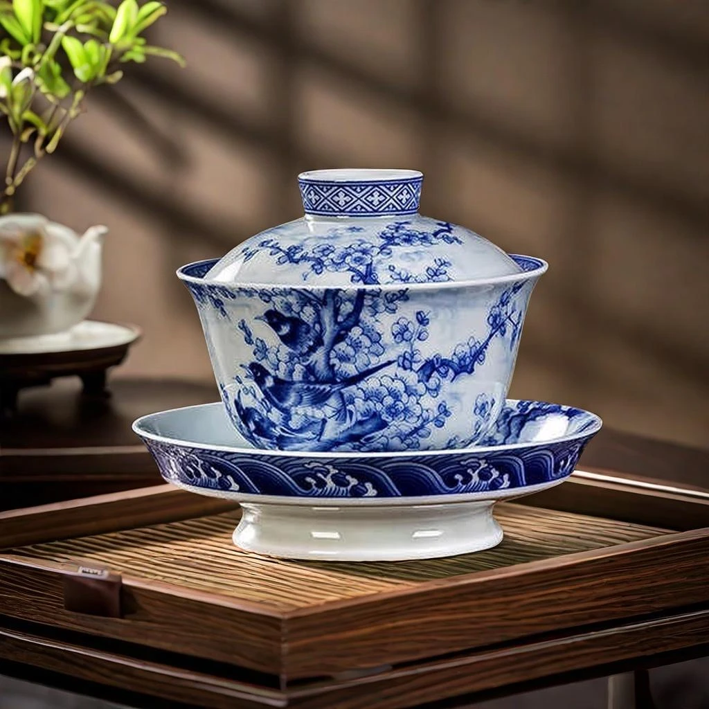 青花喜上眉梢大号高足盖碗景德镇高温陶瓷茶具茶器泡茶功夫茶具