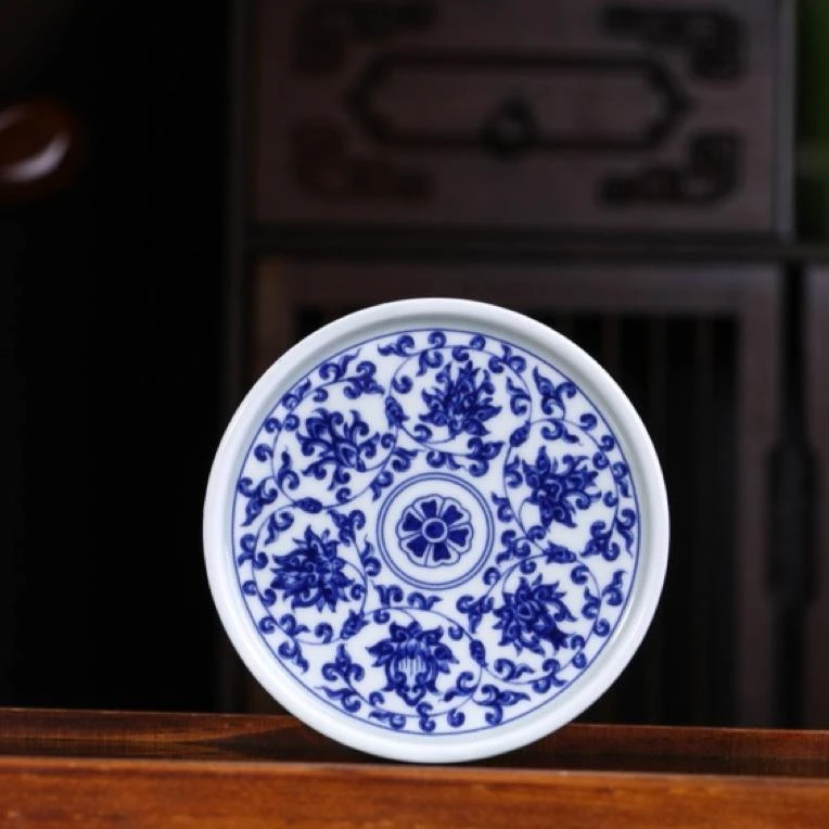 青花缠枝莲杯垫盖置家用小壶承杯置景德镇青花釉下高温精品茶具
