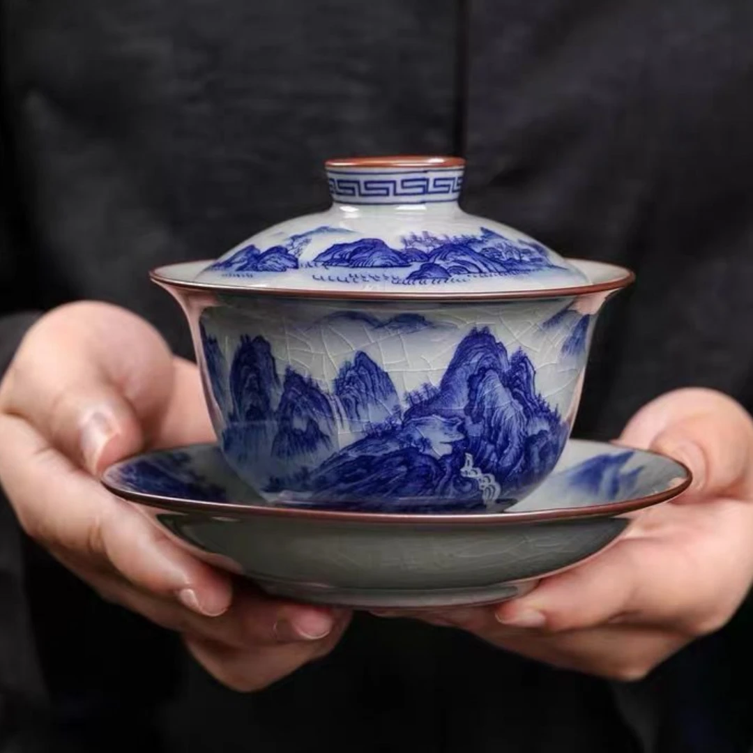 青花老陶泥千里江山元宝盖碗三才盖碗景德镇开片养茶线高温盖碗