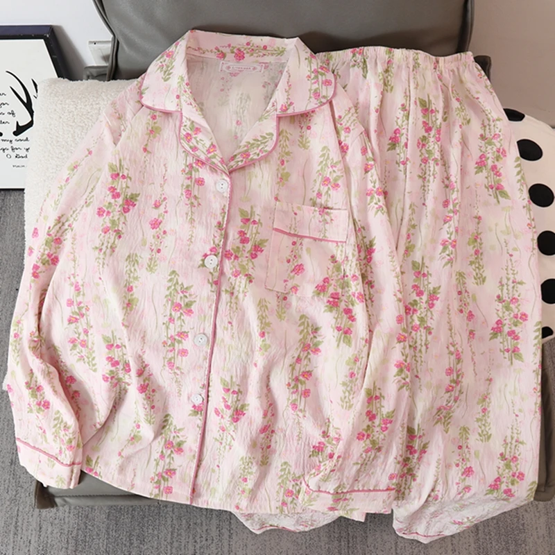 芯语婷春秋季甜美莫奈花园睡衣泡泡纱女长袖家居服套装可外穿