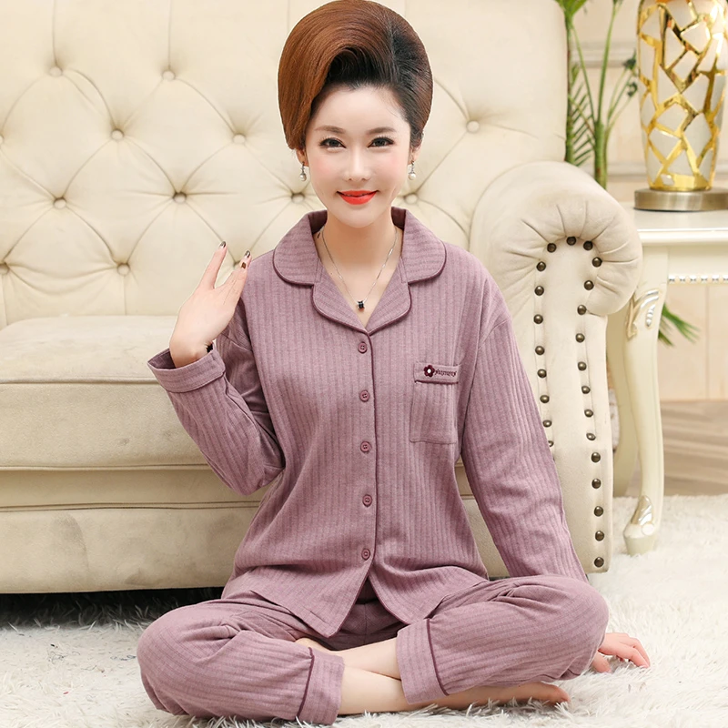 中老年睡衣长袖套装宽松女春秋季纯棉外出家居服加肥大码妈妈春款