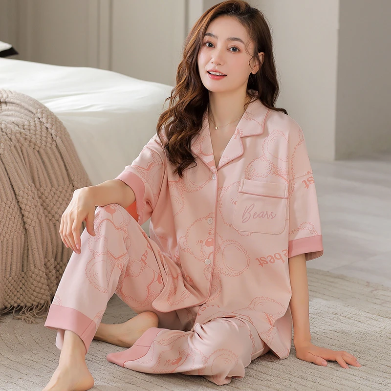 芯语婷2024年新款夏季卡通小熊女士棉薄款短袖长裤大码家居服套装