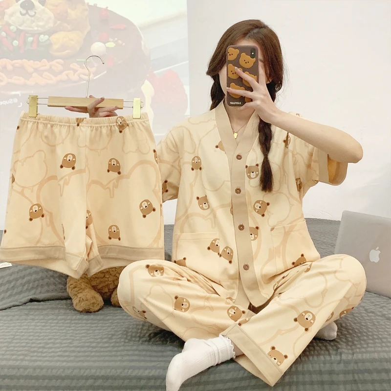 2023年新款三件套短袖睡衣女款夏季薄款网红爆款可外穿家居服套装
