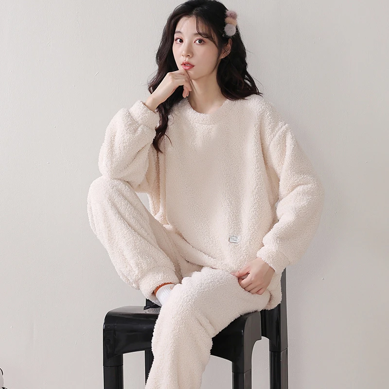 珊瑚绒睡衣女秋冬季加绒加厚法兰绒2024年防寒纯色保暖家居服套装