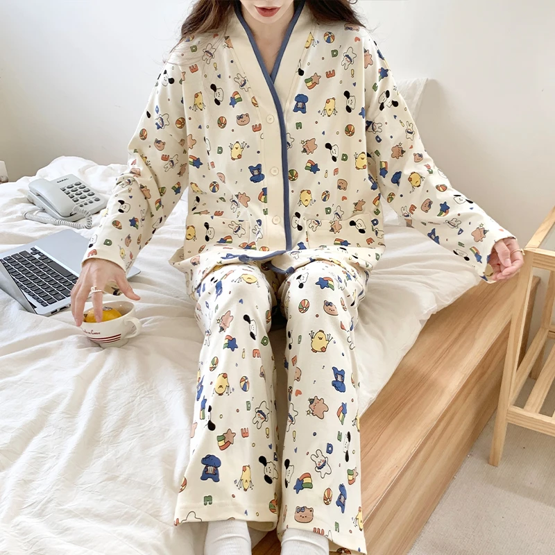 卡通甜美长袖睡衣女2024年新款可外穿大码休闲家居服套装春秋季
