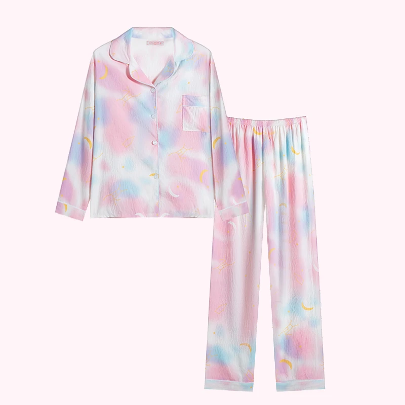 芯语婷2024春秋季睡衣甜美皎月落叶泡泡纱女长袖家居服套装可外穿