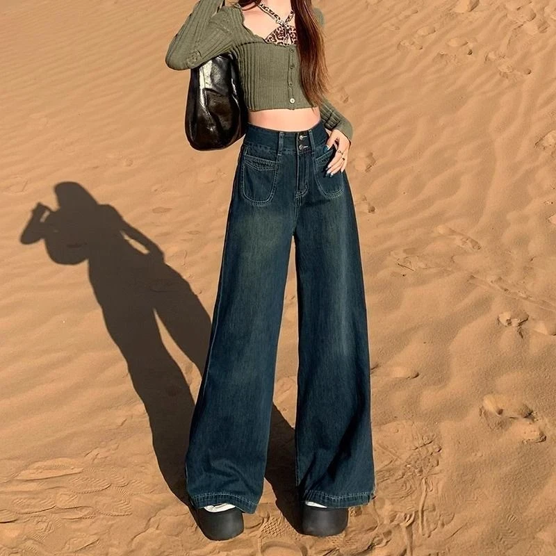 春秋美式复古辣妹阔腿牛仔裤女新款高腰显瘦百搭宽松垂感直筒裤子