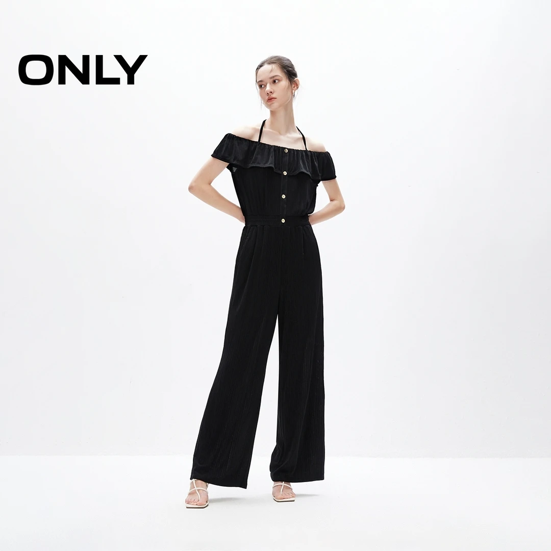 ONLY秋季新款法式一字肩气质荷叶边轻薄连体休闲裤女|124344001