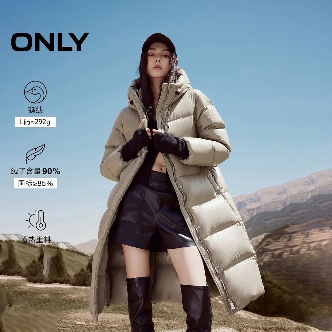 ONLY2025冬季新款90白鹅绒蓄热里料连帽长款羽绒服女|124412008