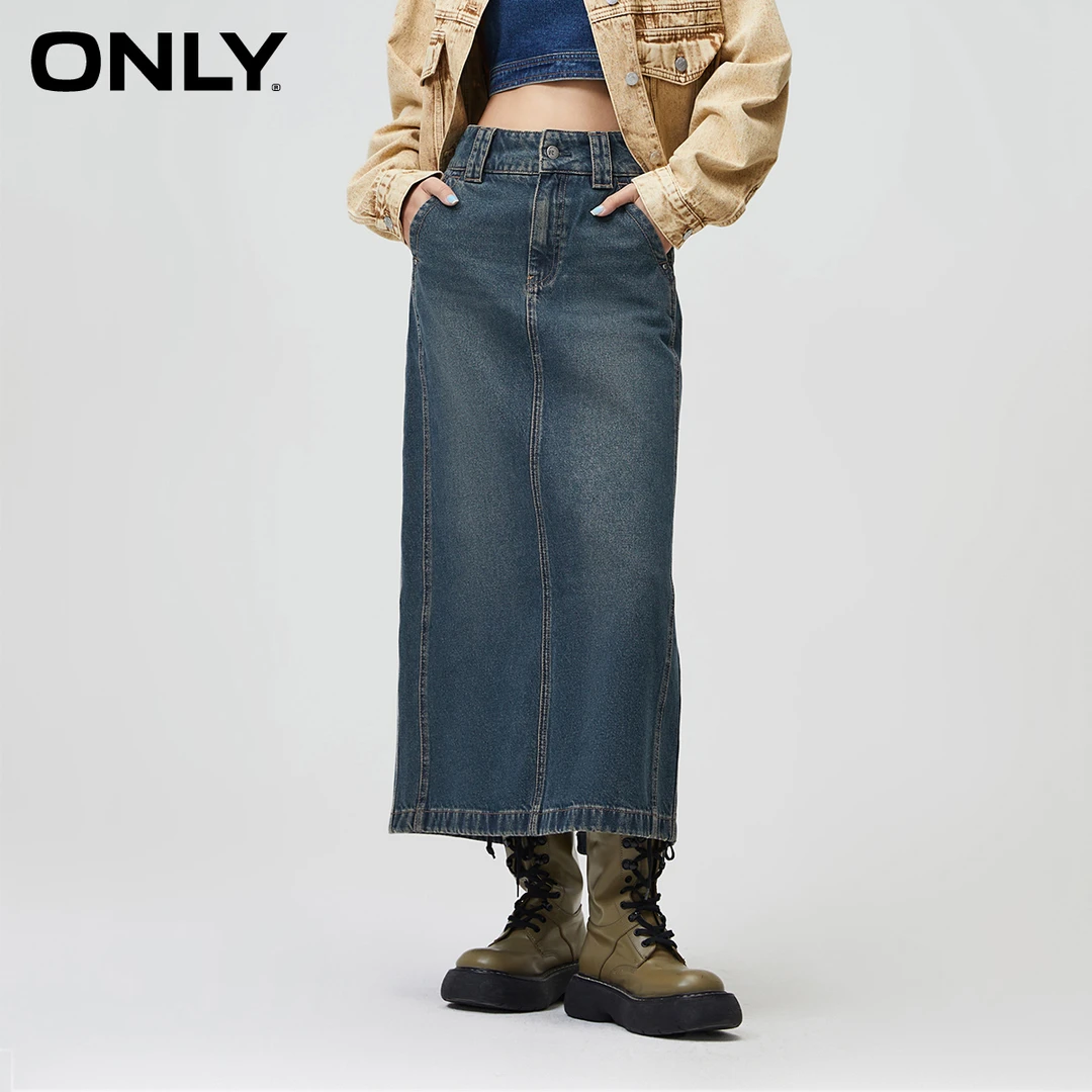 ONLY秋季新款时尚高腰开叉直筒中长裙牛仔半身裙女|124137003