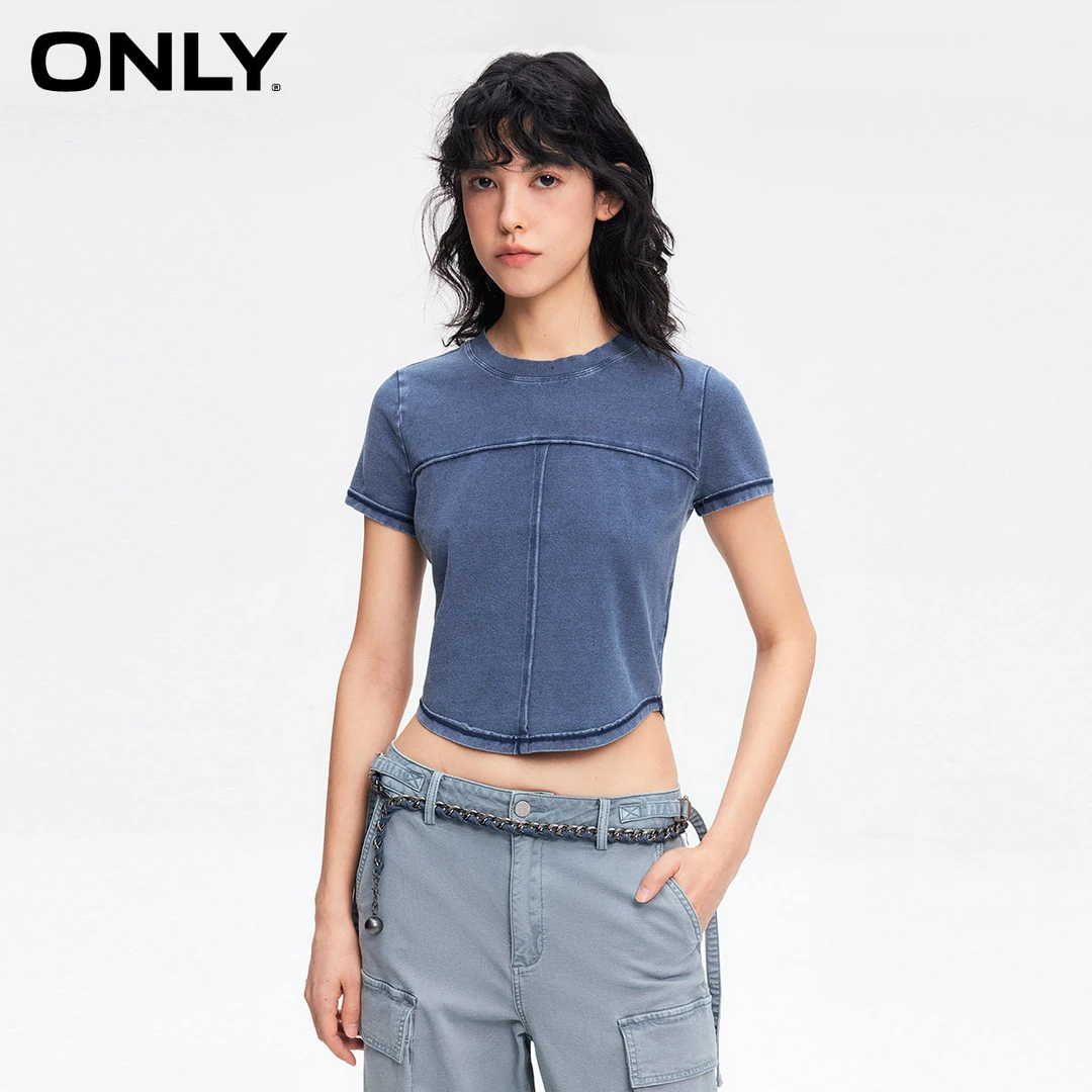 ONLY时尚浪漫2025夏季修身纯色圆领短袖短款T恤女|124201002