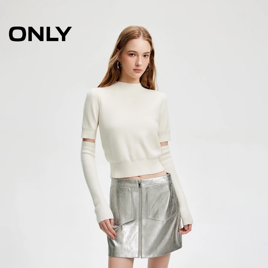 ONLY2025冬季新款设计感甜美刺绣圆领柔软修身针织衫女|124413028