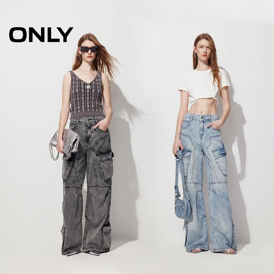 ONLY2024秋季新款工装风做旧莱赛尔高腰微喇牛仔裤女装|124232042