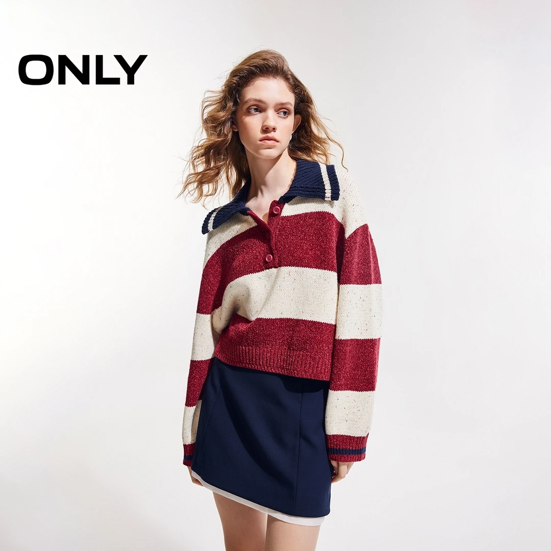 ONLY2025春季新款复古慵懒风POLO领撞色条纹针织衫女|125113023
