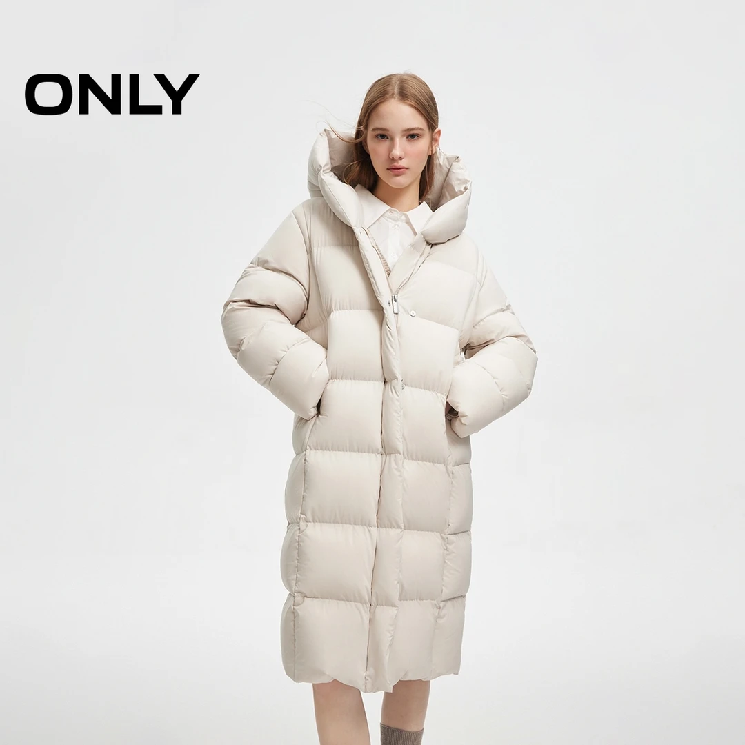 ONLY2025冬季新款90白鸭绒保暖纯色连帽长款羽绒服女|124412001