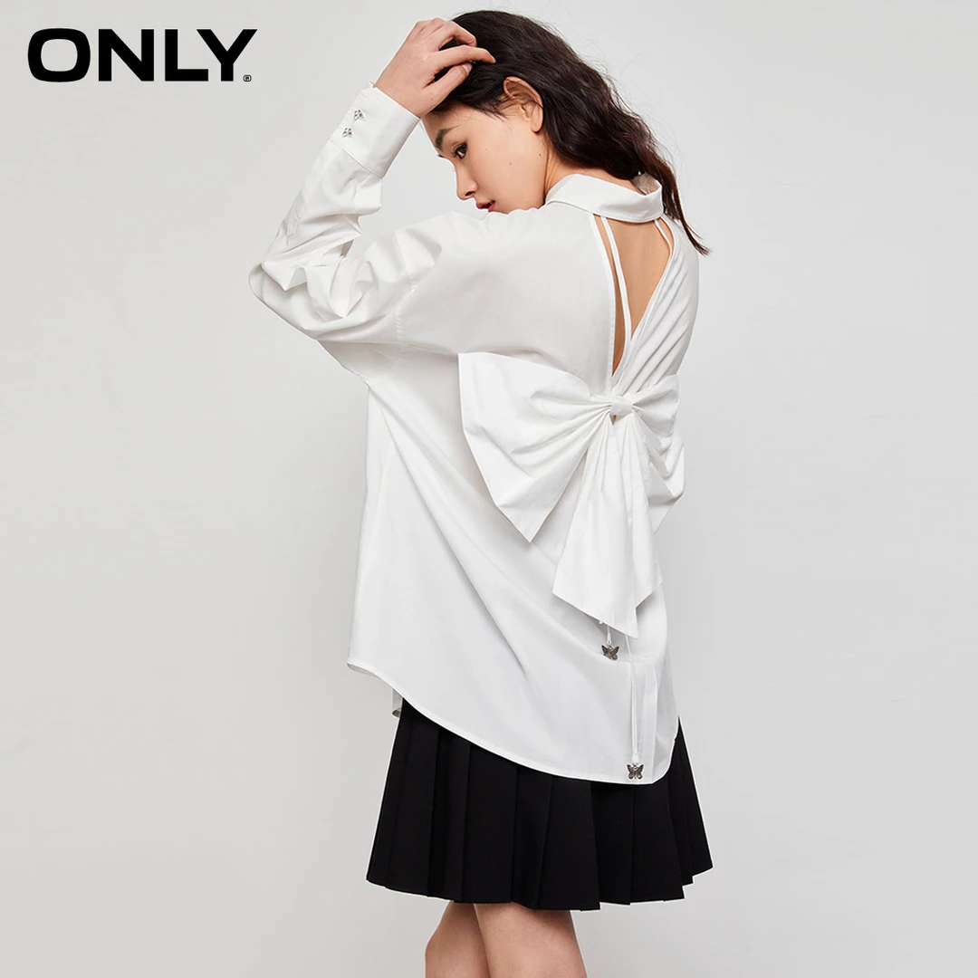 ONLY秋季新款薄款外搭通勤风立体蝴蝶结宽松长袖衬衫女|124205042