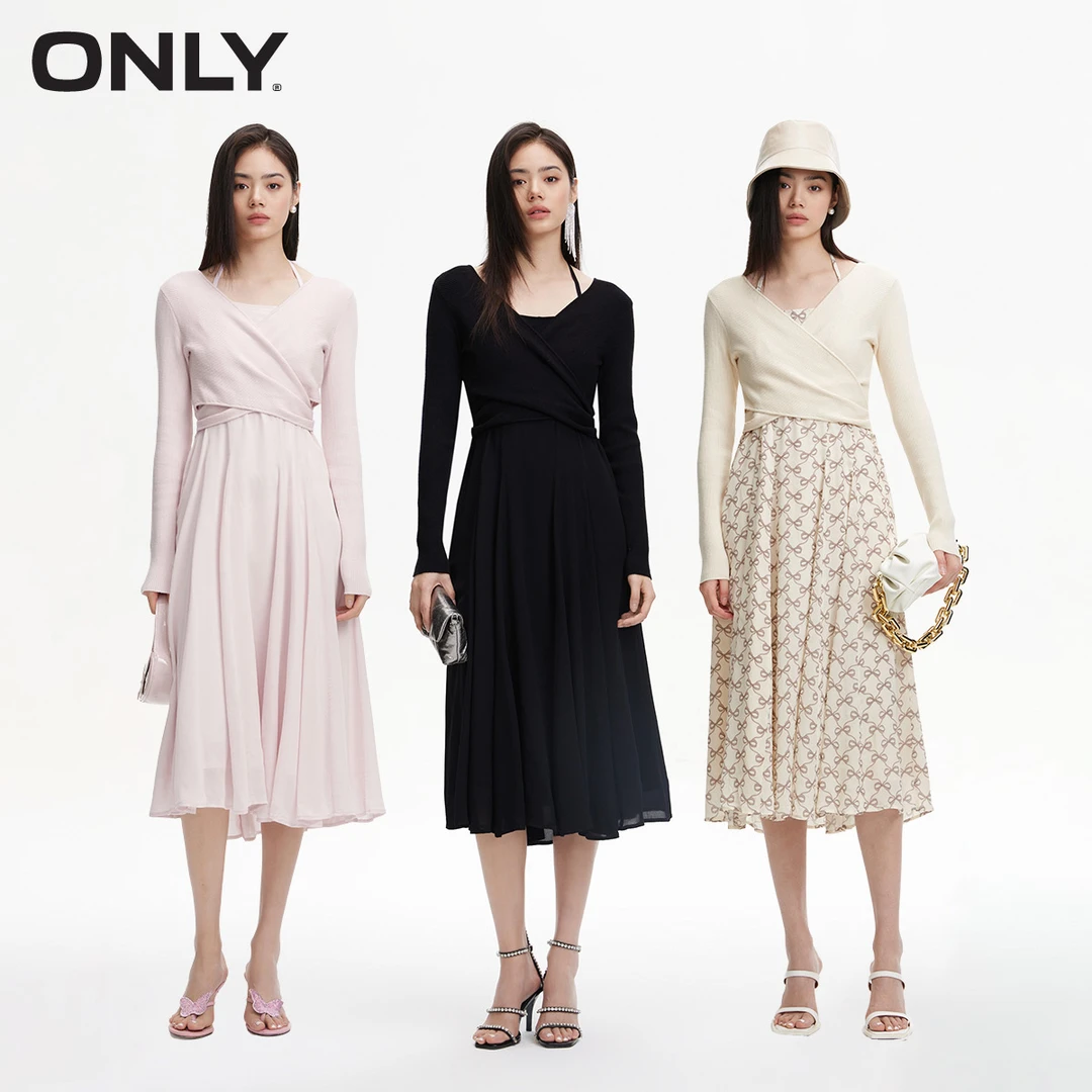 ONLY2025春季新款气质淑女绑带假两件中长款连衣裙女|124107014