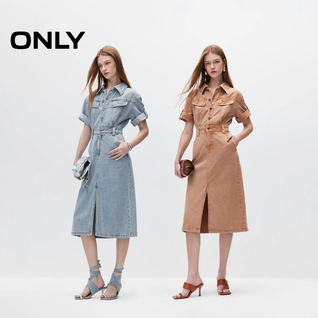 ONLY2025新款简约通勤复古做旧开叉牛仔裙连衣裙女|124342004