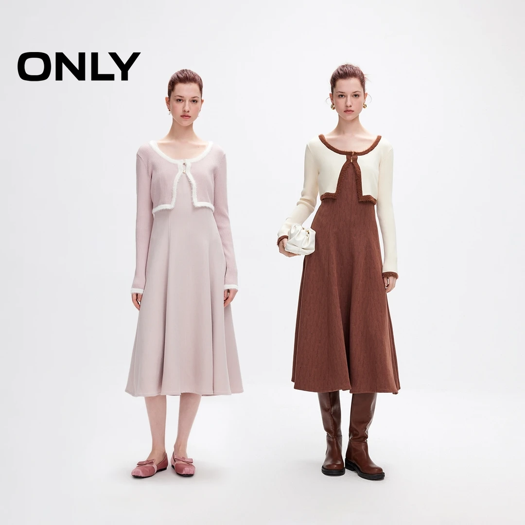 ONLY2025春季新款时尚撞色长袖针织套装吊带连衣裙女|125107012