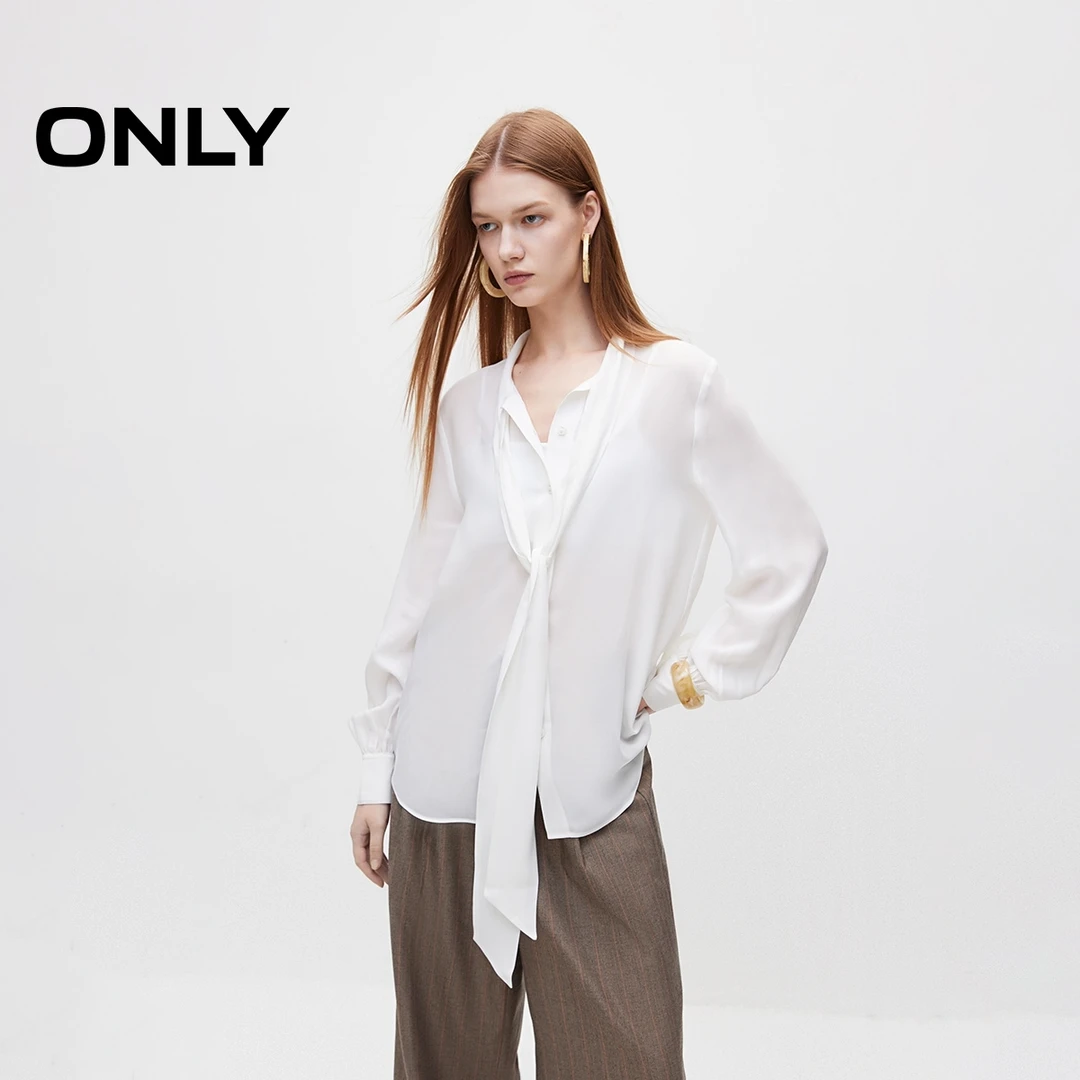 ONLY2025秋季新款法式优雅通勤系带垂坠雪纺长袖衬衫女|124305036