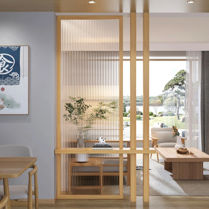 日式实木隔断长虹玻璃屏风原木客厅创意现代简约玄关入户屏风隔断
