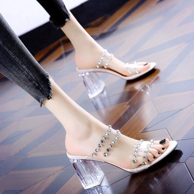 高跟拖鞋粗跟外穿女凉拖2025夏季新款性感网红透明水晶时尚一字拖