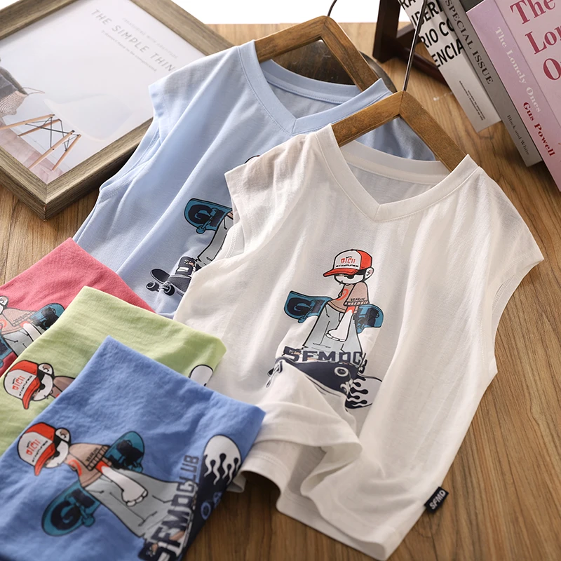 男童背心薄款夏装2024新款儿童无袖t恤男孩卡通印花凉感透气上衣