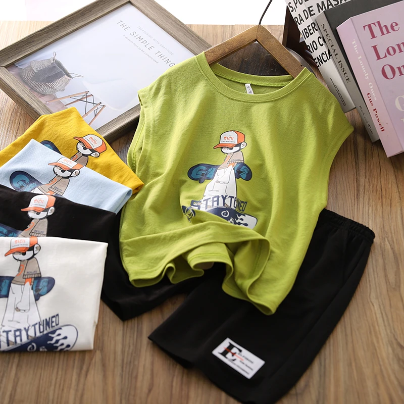 男童夏装套装儿童凉感无袖运动服2024新款男孩卡通背心短裤两件套