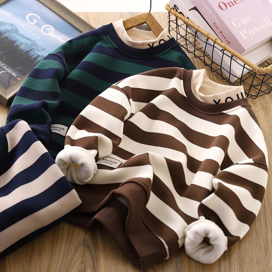 男童加绒卫衣秋冬款半高领打底衫2023新款儿童装条纹保暖上衣帅气