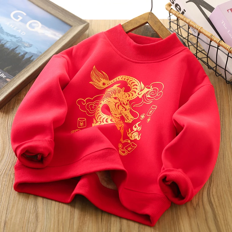男童加绒卫衣2023冬装新款拜年服冬季儿童加厚保暖红色新年服上衣
