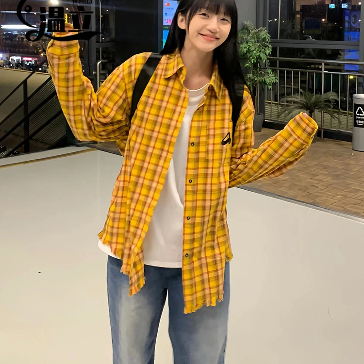 多巴胺学生格子衬衫女春季宽松长袖衬衣复古外套vintage美式上衣