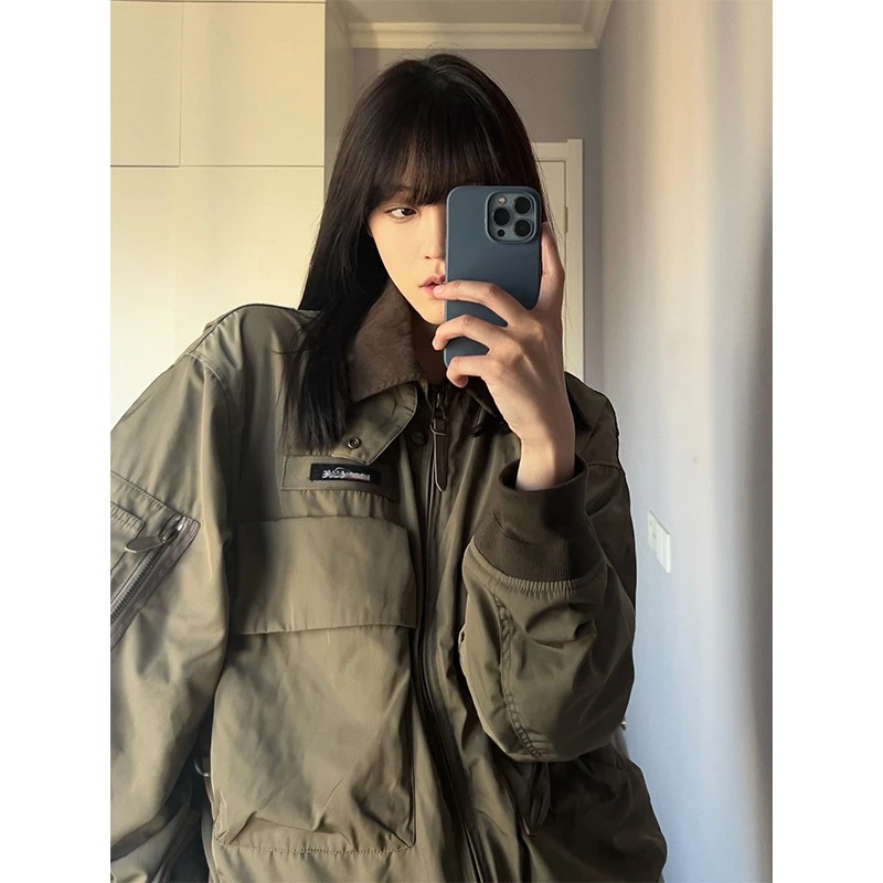 春秋款日系复古机能工装夹克男女宽松拼接多口袋废土风飞行员外套