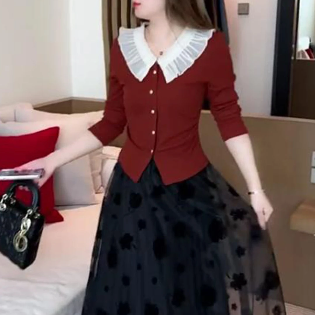 时尚设计感长袖T恤女2025春秋季新款洋气显瘦拼接娃娃领百搭上衣