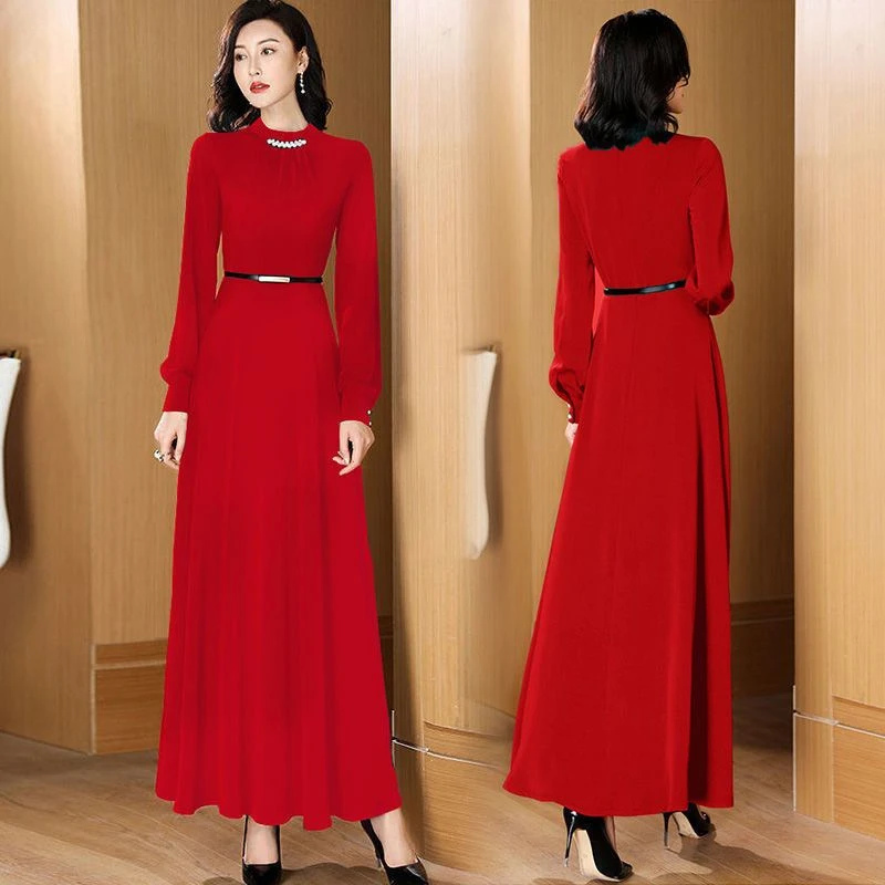 长袖连衣裙女2025春秋新款收腰显瘦过膝时尚气质高档长款大摆裙子