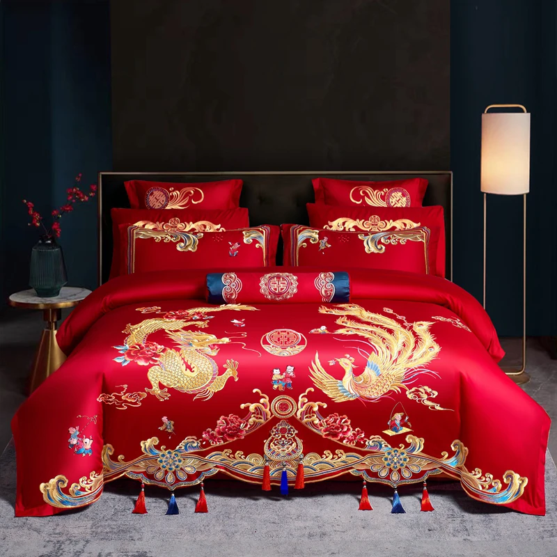 婚庆龙凤全棉长绒棉绣花龙凤四件套大龙凤流苏款四件套